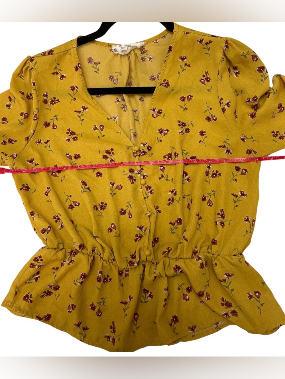 Hippie Rose Women Med long-sleeve Mustard yellow floral blouse, V-neck,pendulum - Picture 5 of 8